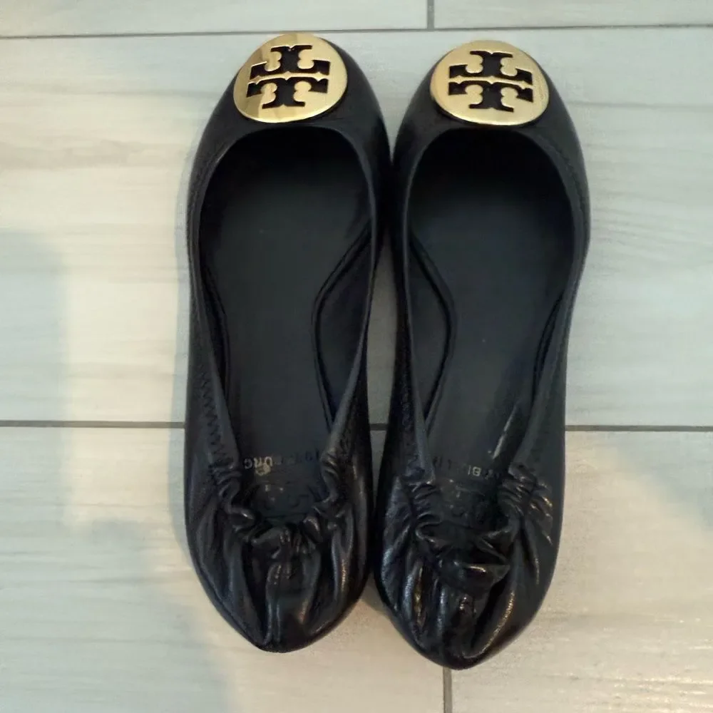 Tory Burch Black Leather Flats with Gold Emblem